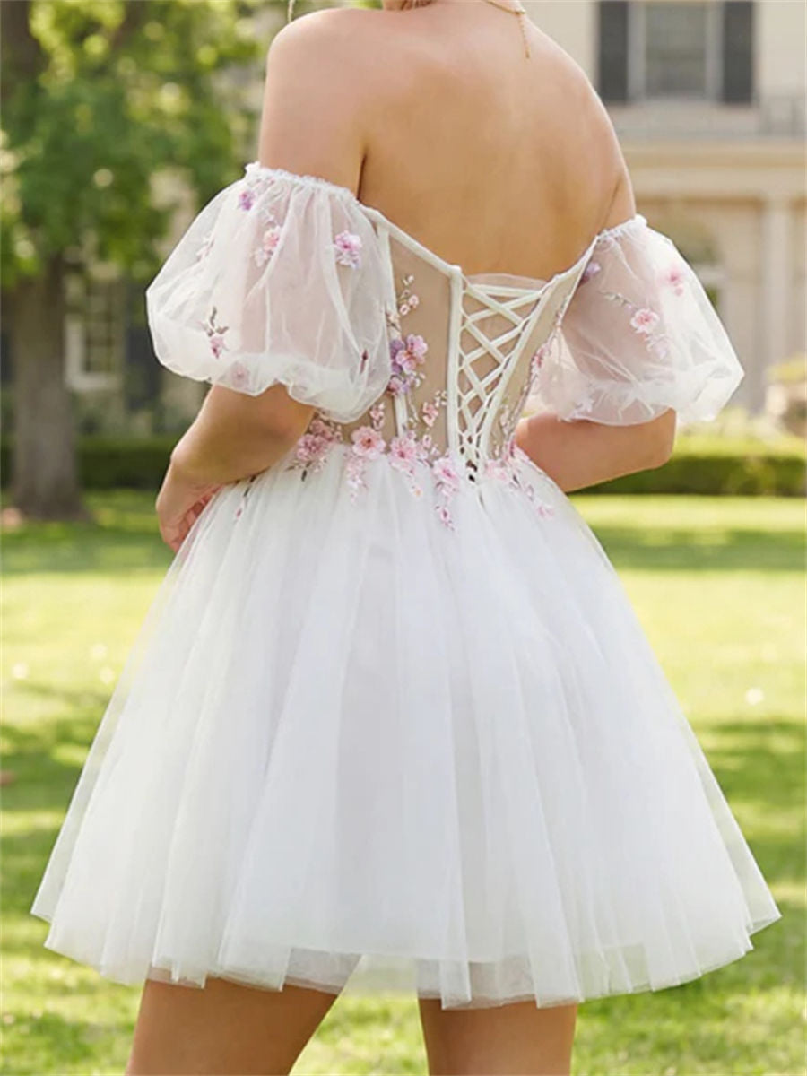 A-line/Princess Off-the-Shoulder Ruffles Short/Mini Tulle Corset Homecoming Dress