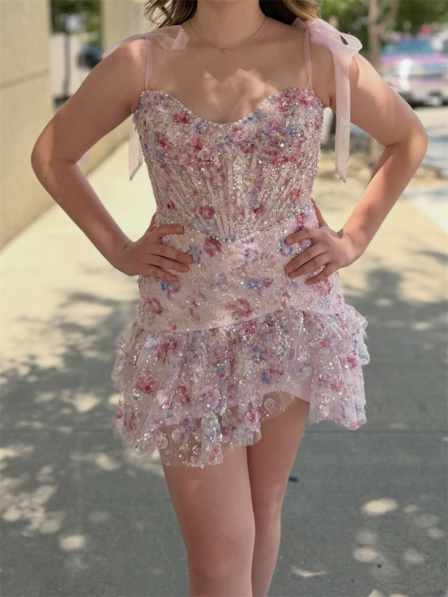 Sheath/Column Sweetheart Flower Short/Mini Lace Corset Homecoming Dress