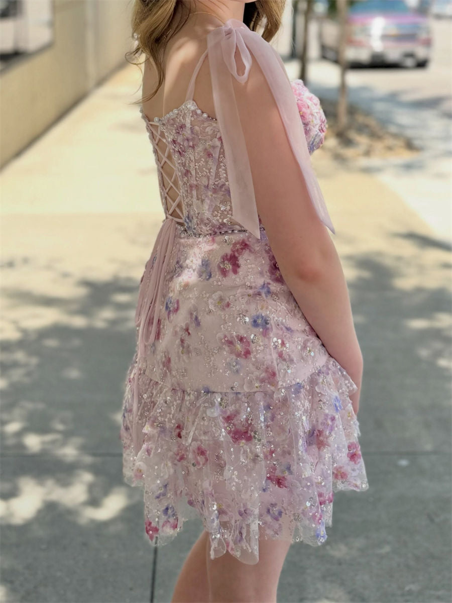 Sheath/Column Sweetheart Flower Short/Mini Lace Corset Homecoming Dress