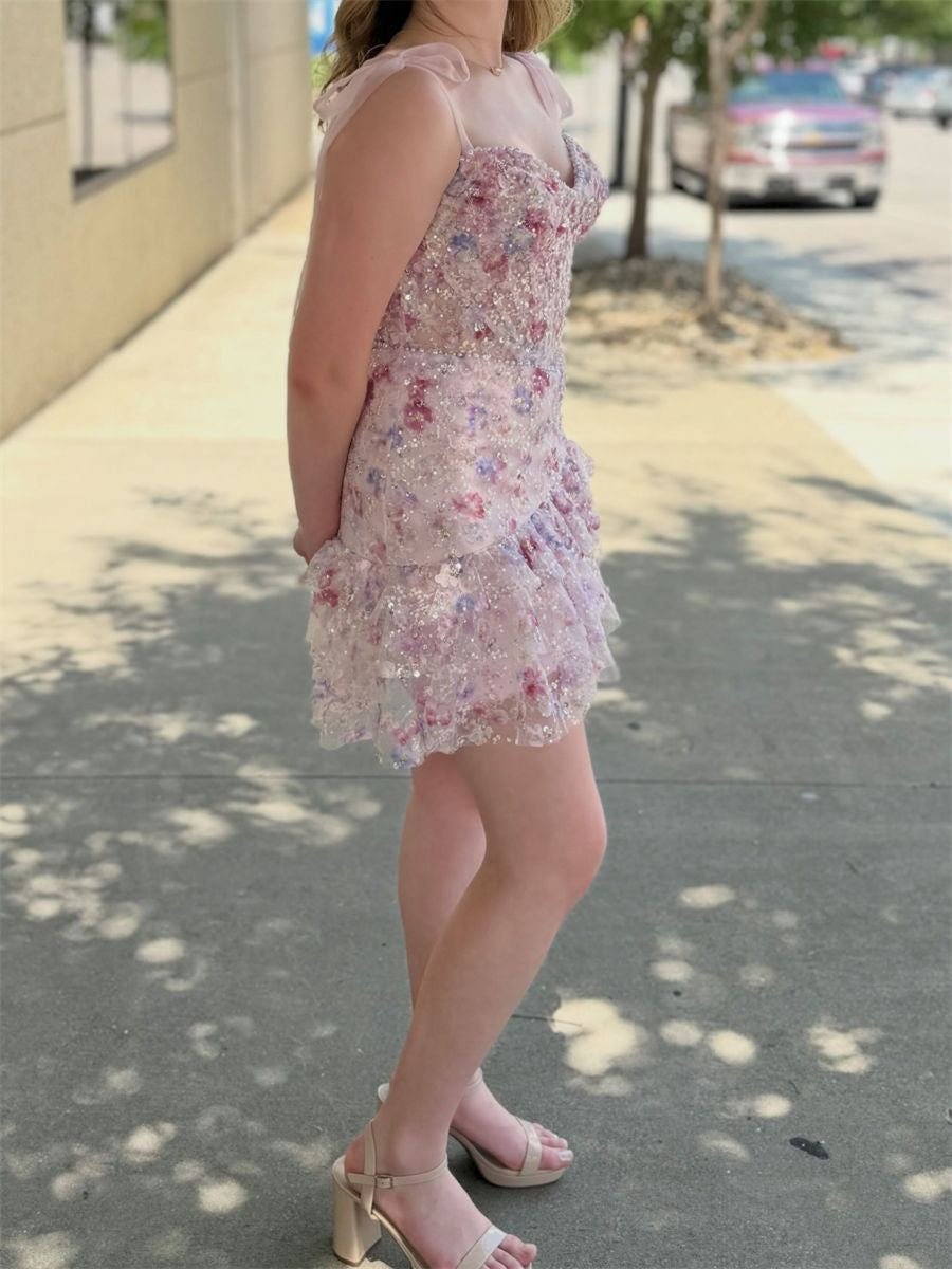 Sheath/Column Sweetheart Flower Short/Mini Lace Corset Homecoming Dress