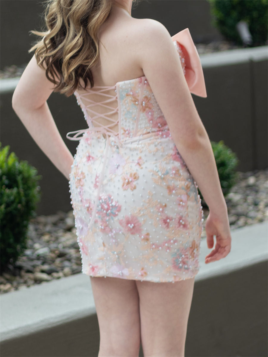 Sheath/Column Sweetheart Bow Short/Mini Satin Corset Homecoming Dress