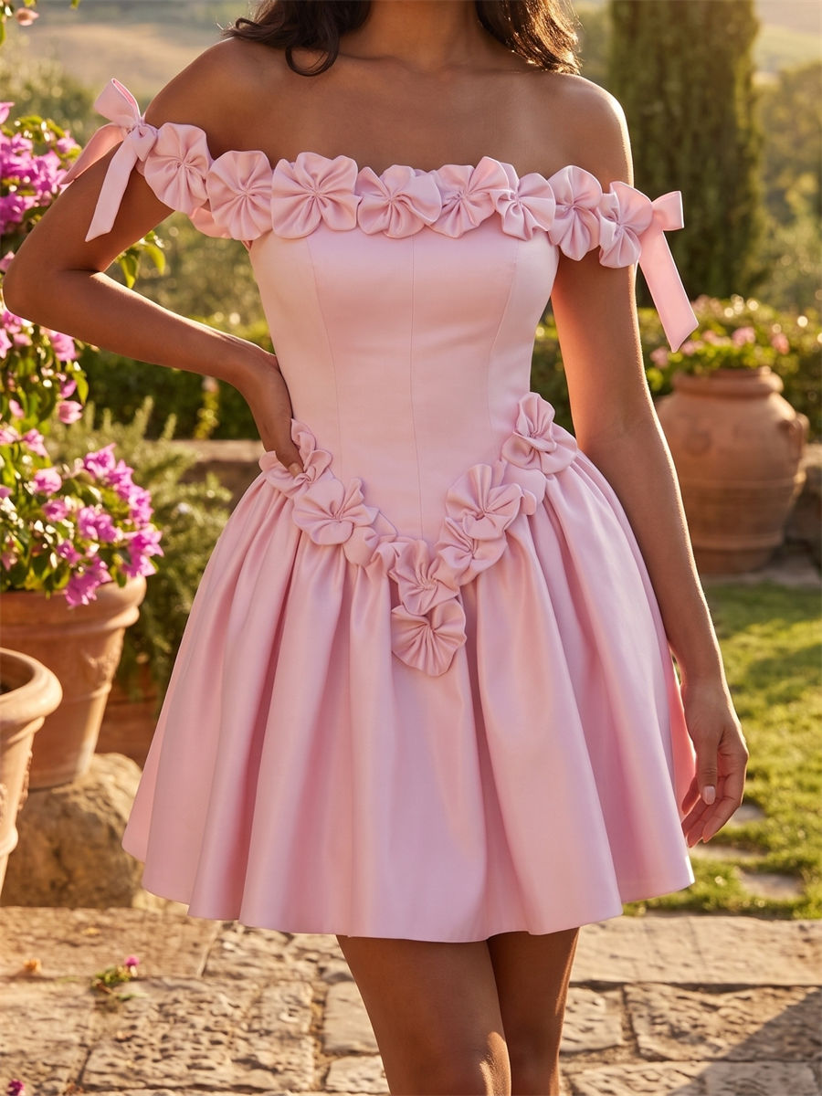 A-line/Princess Off-the-Shoulder Ruffles Short/Mini Satin Corset Homecoming Dress