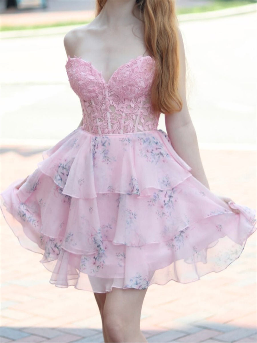 A-line/Princess Sweetheart Cascading Ruffles Short/Mini Corset Homecoming Dress