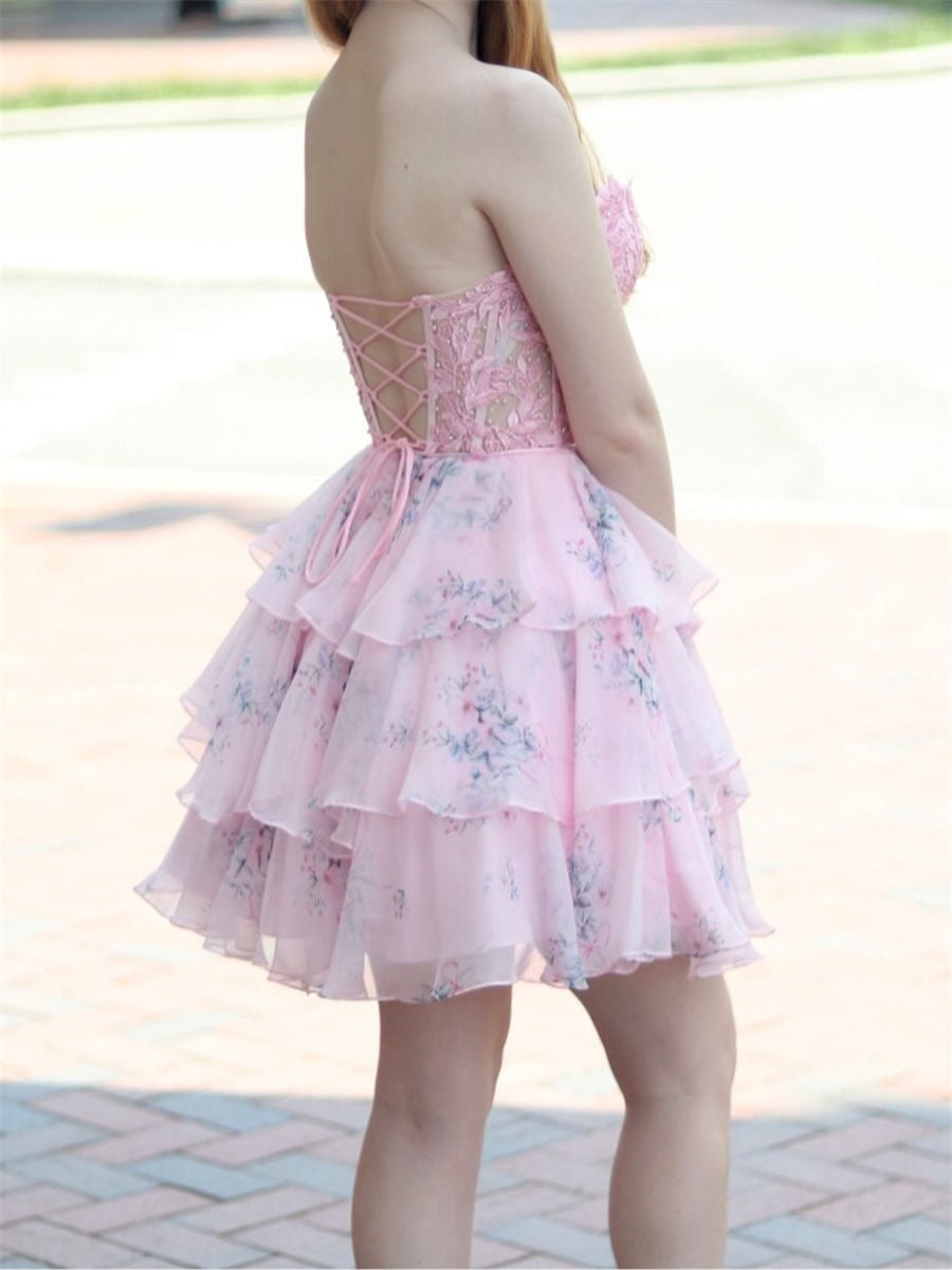 A-line/Princess Sweetheart Cascading Ruffles Short/Mini Corset Homecoming Dress