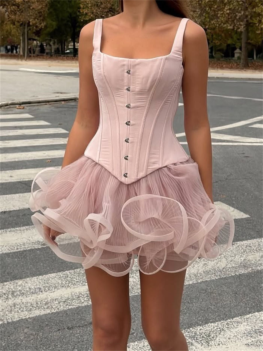 A-line/Princess Square Ruffles Short/Mini Stretch Crepe Corset Homecoming Dress
