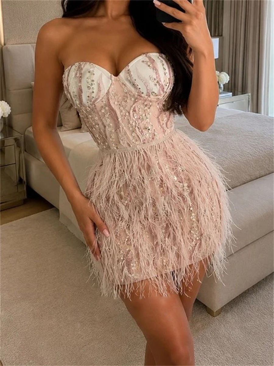 Sheath/Column Sweetheart Feathers/Fur Short/Mini Corset Homecoming Dress