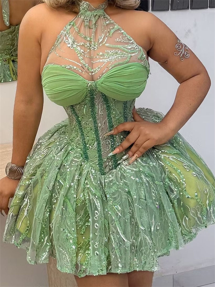 A-line/Princess Halter Ruffles Short/Mini Lace Corset Homecoming Dress