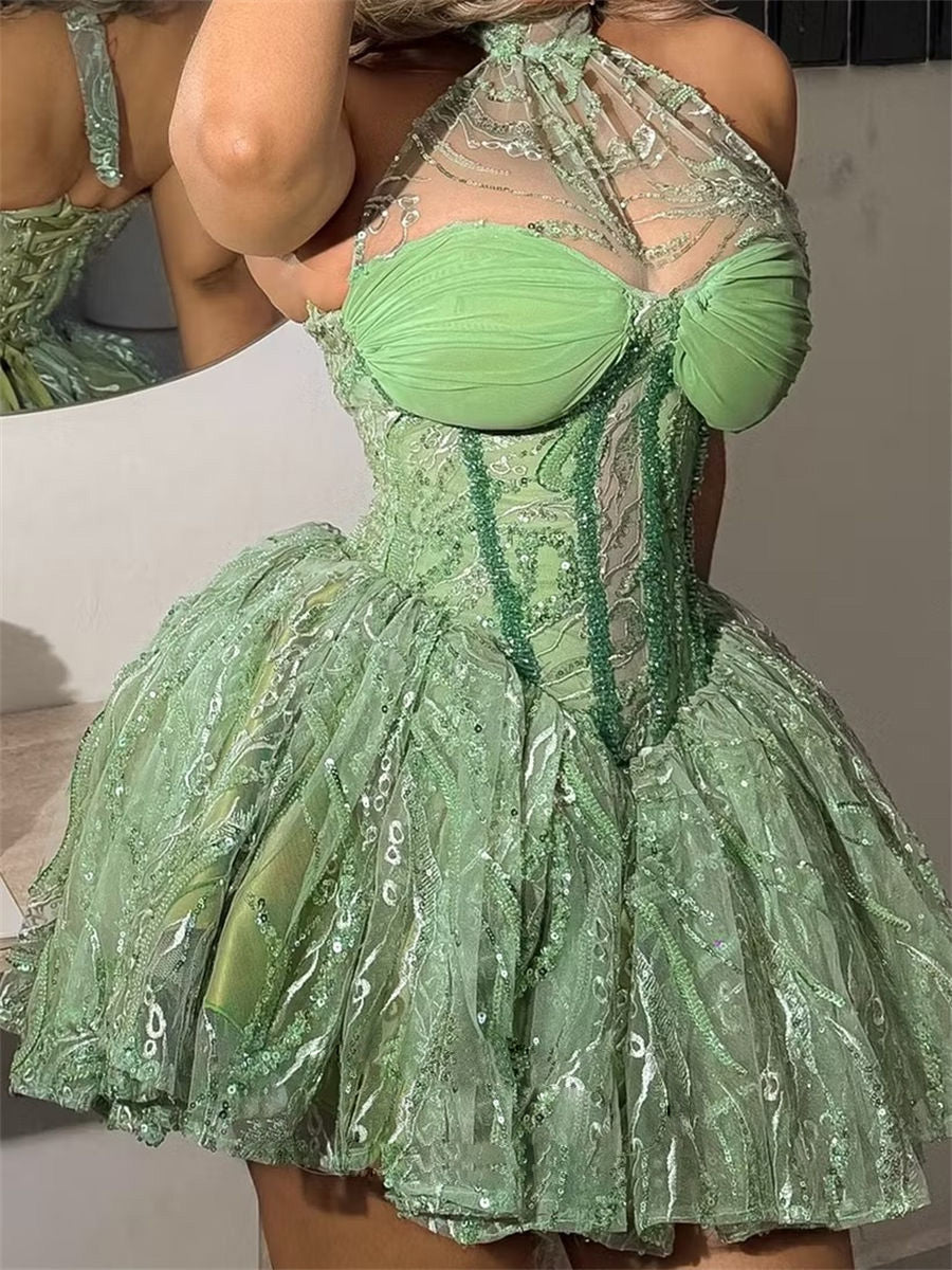 A-line/Princess Halter Ruffles Short/Mini Lace Corset Homecoming Dress