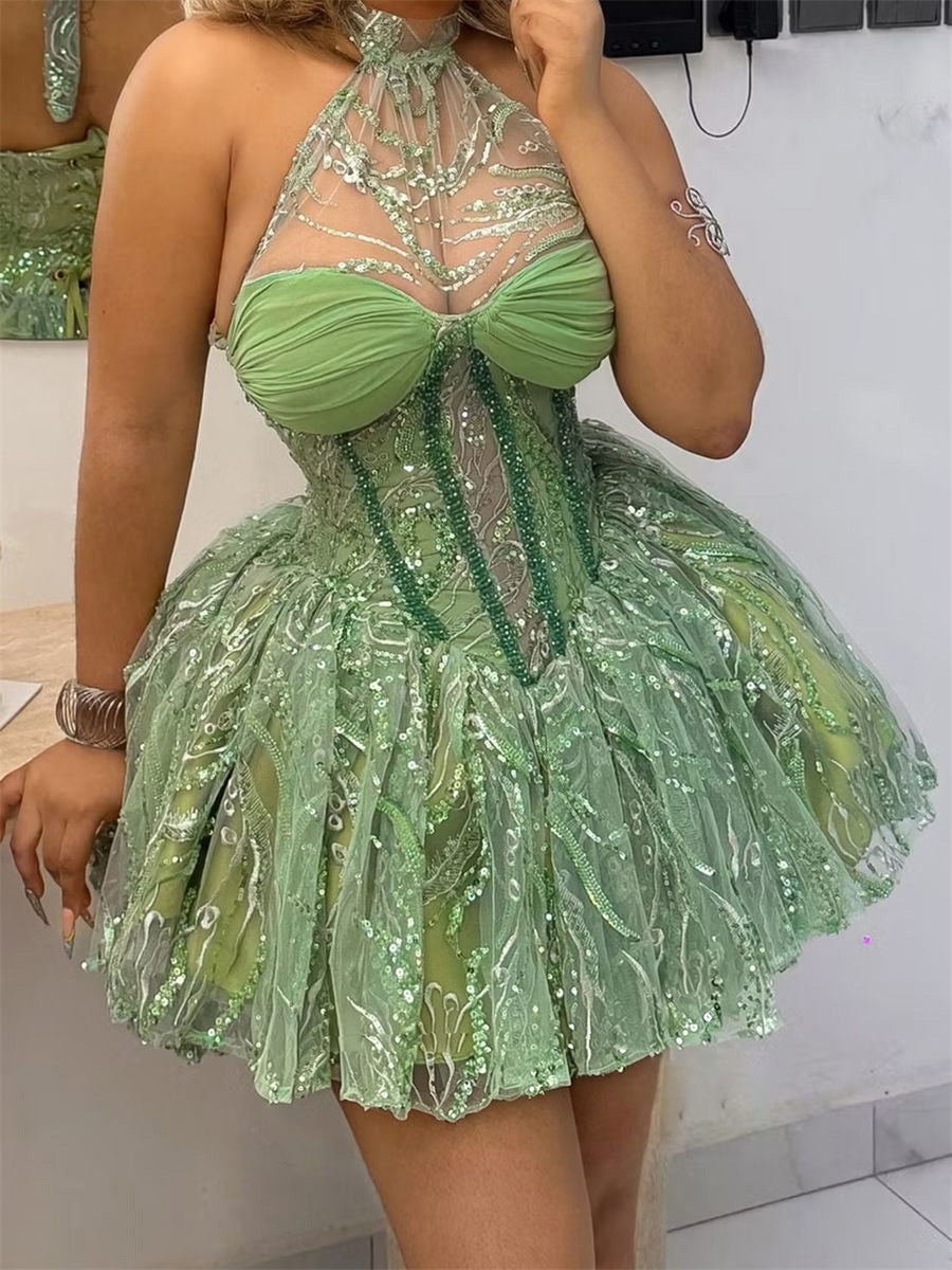 A-line/Princess Halter Ruffles Short/Mini Lace Corset Homecoming Dress