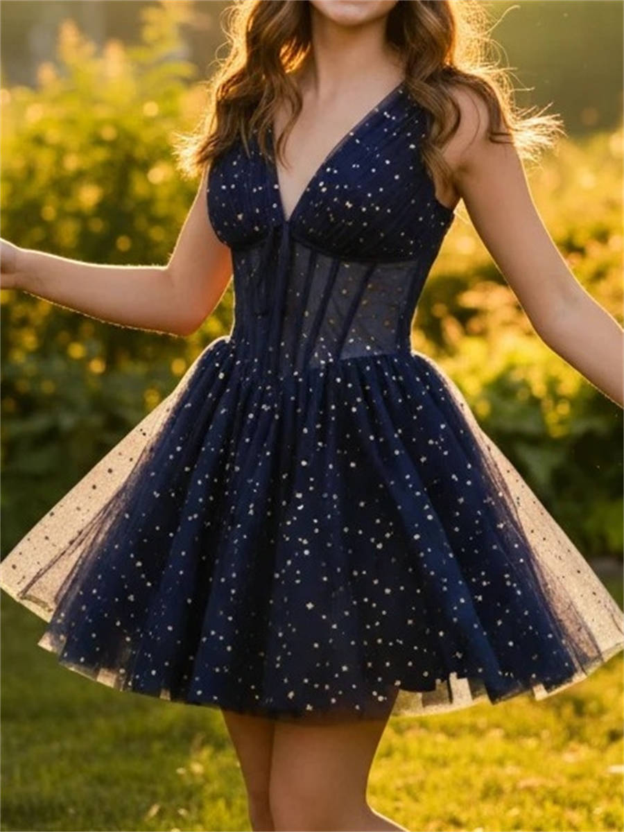 A-line/Princess V-neck Ruffles Short/Mini Corset Homecoming Dress