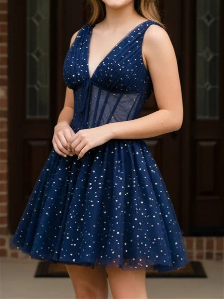 A-line/Princess V-neck Ruffles Short/Mini Corset Homecoming Dress