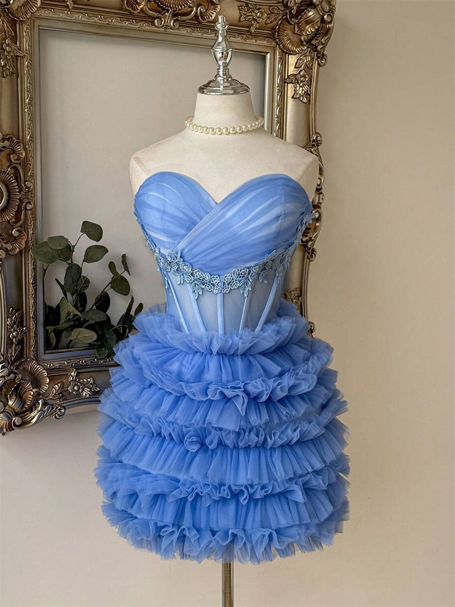 Sheath/Column Sweetheart Cascading Ruffles Short/Mini Tulle Corset Homecoming Dress