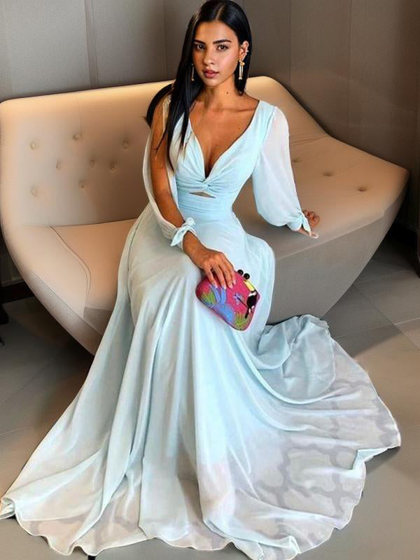 Sheath V-neck Long Sleeves Pleated Sweep Train Chiffon Mother of the Bride Dress
