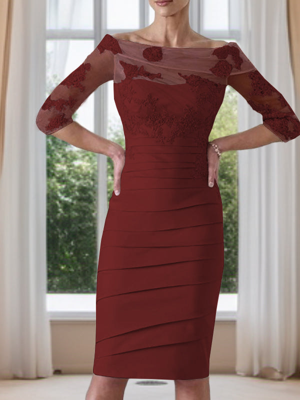 Sheath Scoop 3/4 Sleeves Appliques Lace Knee-Length Satin Mother of the Bride Dress