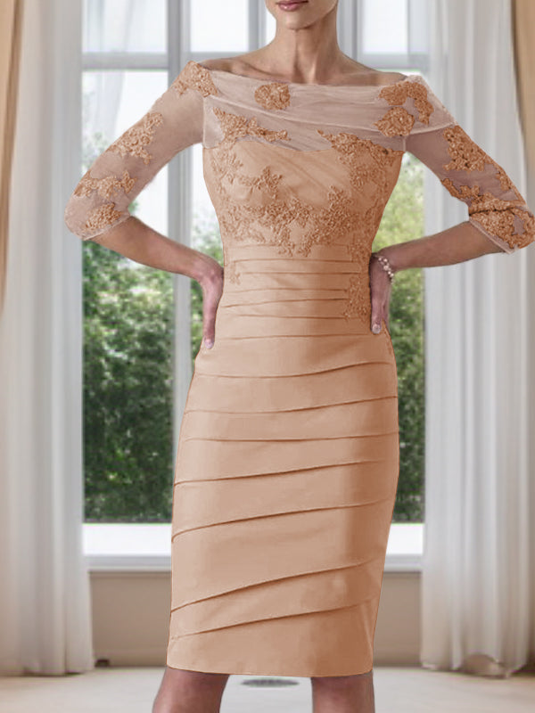 Sheath Scoop 3/4 Sleeves Appliques Lace Knee-Length Satin Mother of the Bride Dress