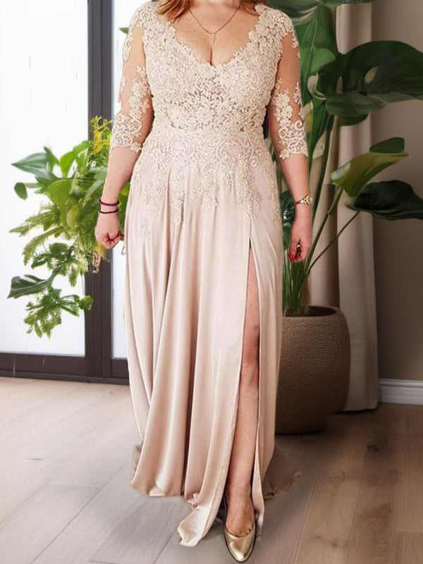 A-line V-neck 3/4 Sleeves Appliques Lace Sweep Train Silk like Satin Mother of the Bride Dress