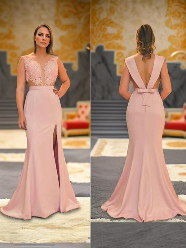 Sheath Scoop Appliques Lace Sweep Train Satin Mother of the Bride Dress