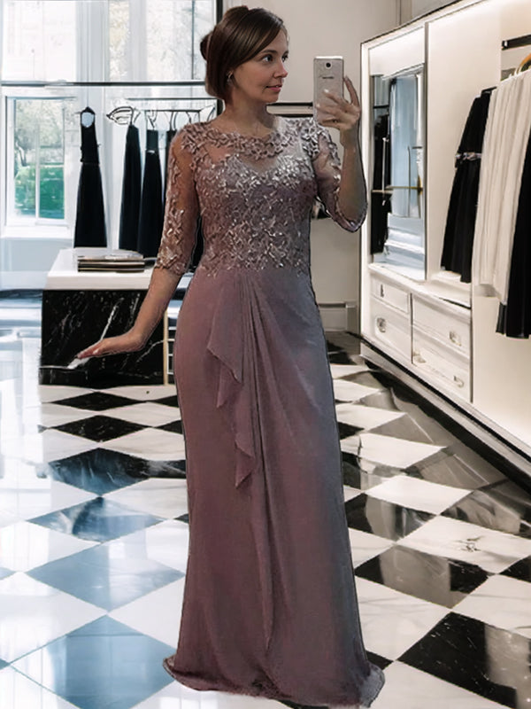 Sheath Scoop 1/2 Sleeves Ruffles Floor-Length Chiffon Mother of the Bride Dress