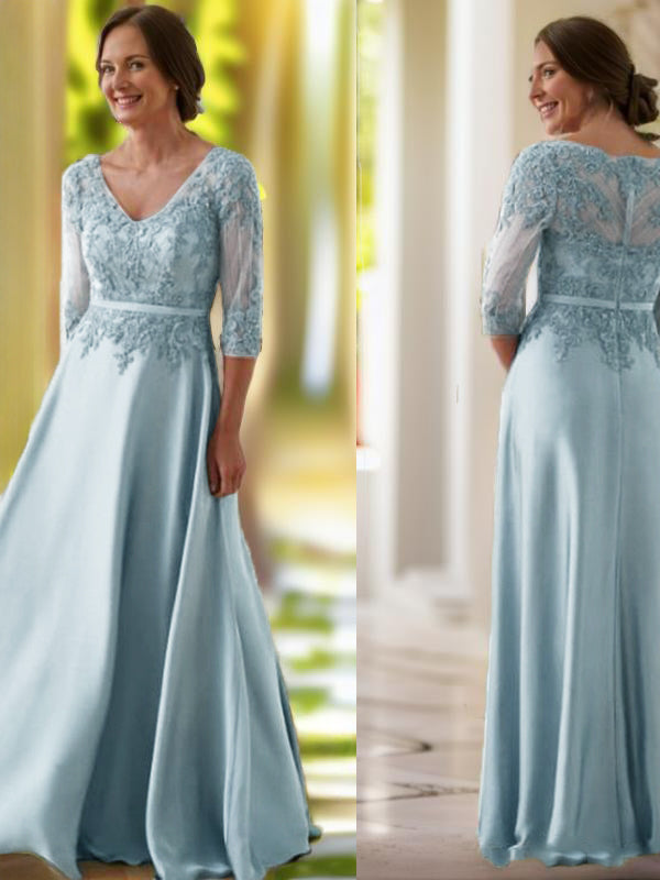A-line V-neck 3/4 Sleeves Appliques Lace Floor-Length Satin Mother of the Bride Dress