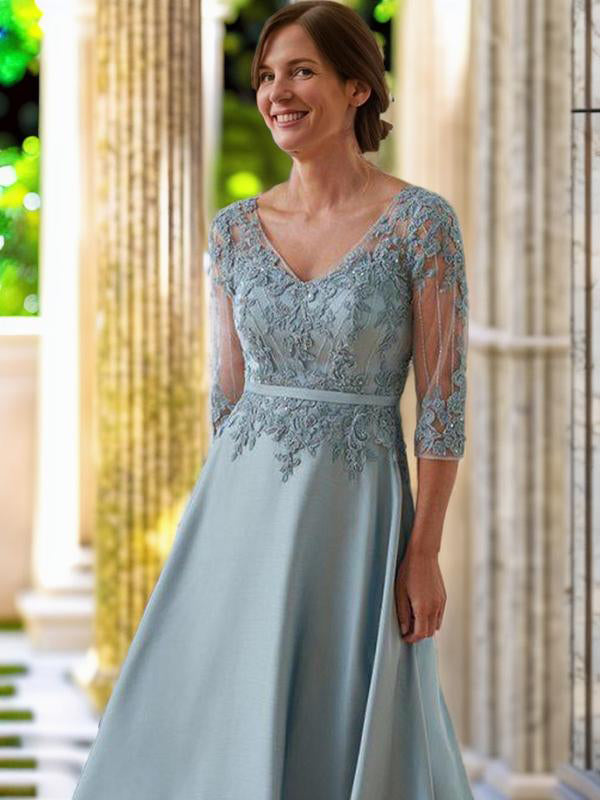 A-line V-neck 3/4 Sleeves Appliques Lace Floor-Length Satin Mother of the Bride Dress