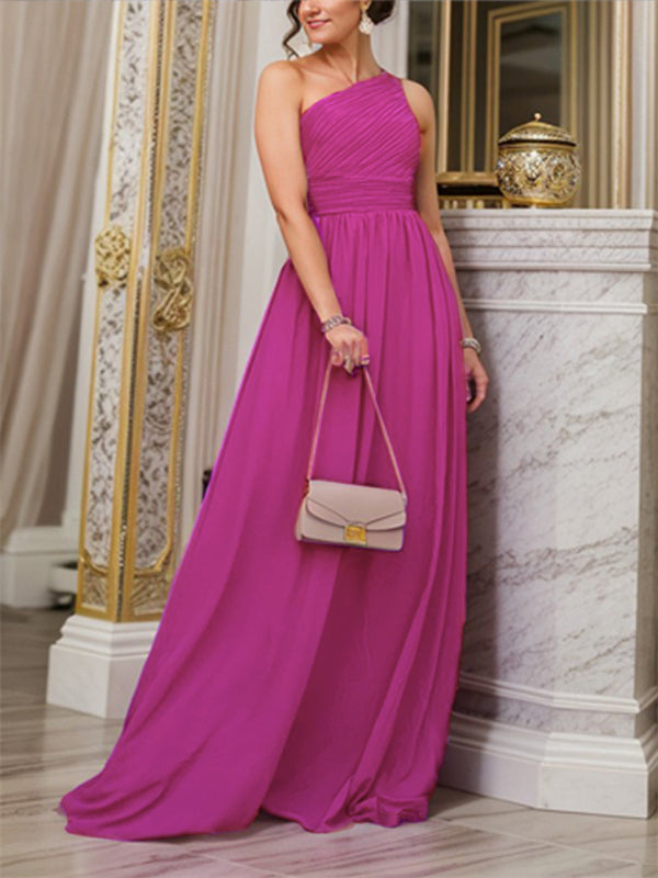 A-line One-Shoulder Pleated Floor-Length Chiffon Mother of the Bride Dress