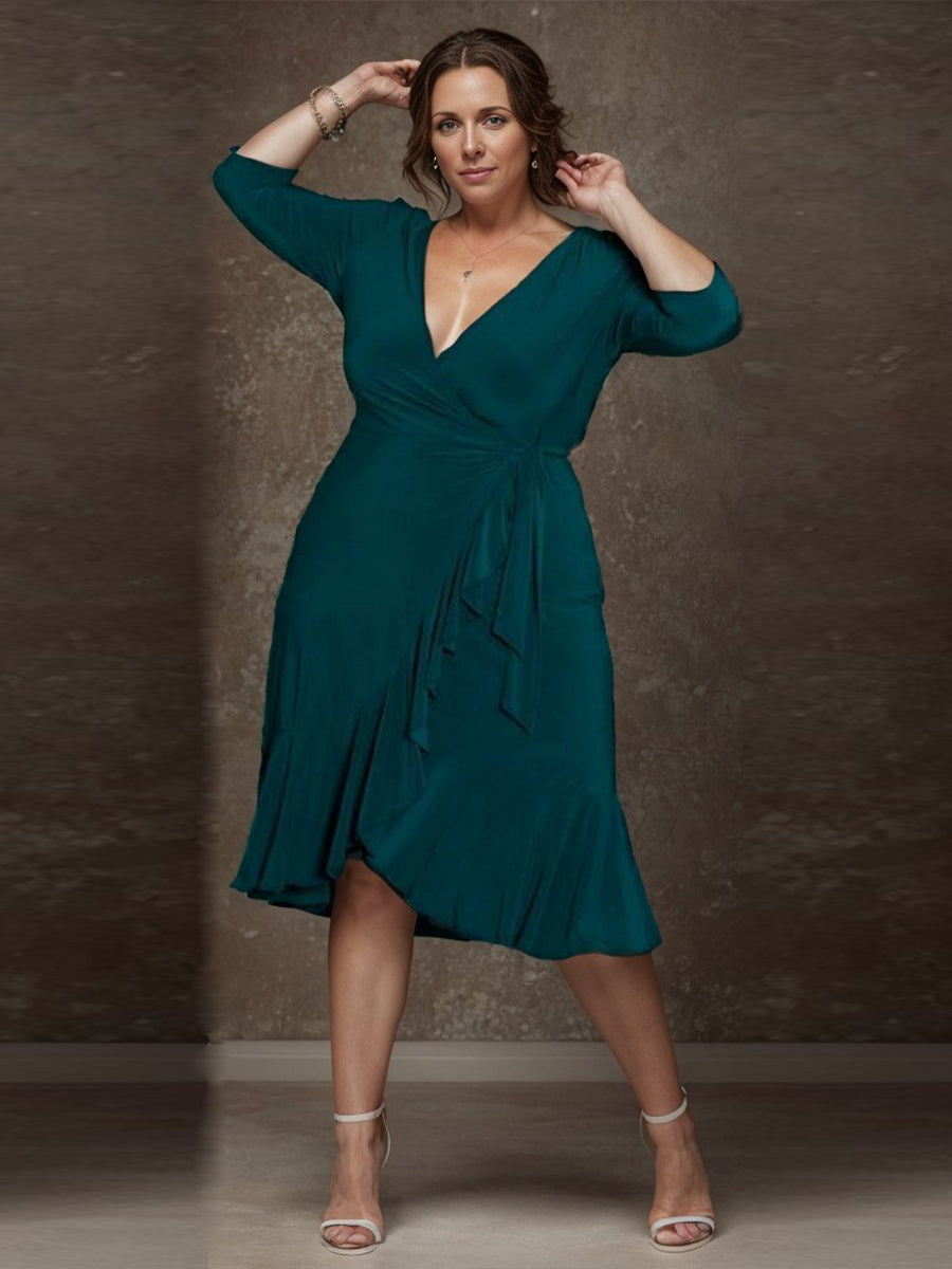 A-line V-neck 3/4 Sleeves Ruffles Tea-Length Silk Like Satin Mother of the Bride Dress
