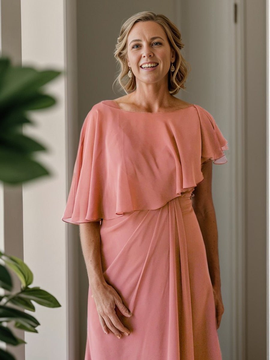 A-line Scoop Short Sleeves Pleated Floor-Length Chiffon Mother of the Bride Dress
