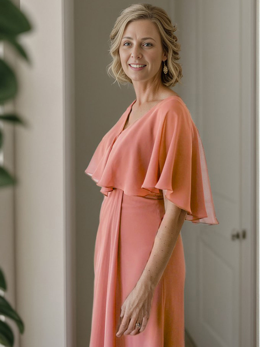 A-line Scoop Short Sleeves Pleated Floor-Length Chiffon Mother of the Bride Dress
