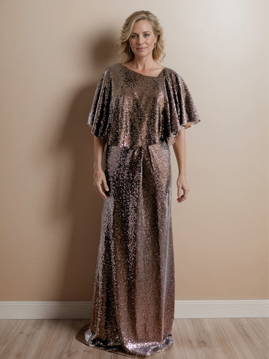 Sheath Scoop Short Sleeves  Floor-Length Sequins Mother of the Bride Dress