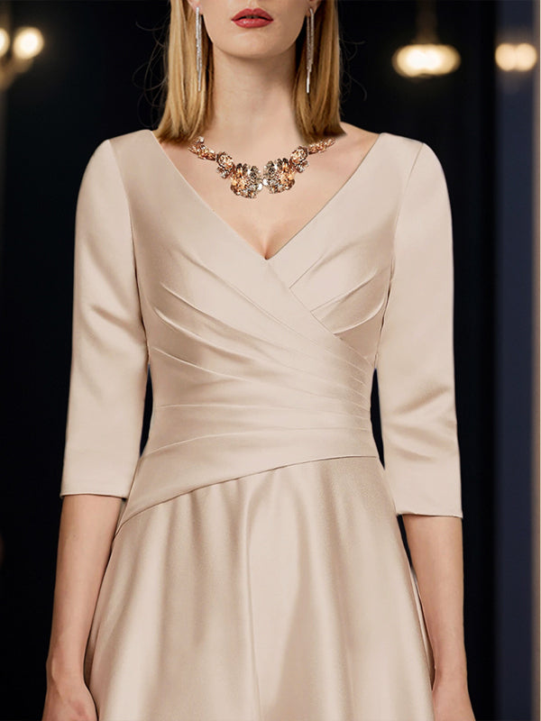 A-line V-neck 3/4 Sleeves Pleated Tea-Length Satin Mother of the Bride Dress