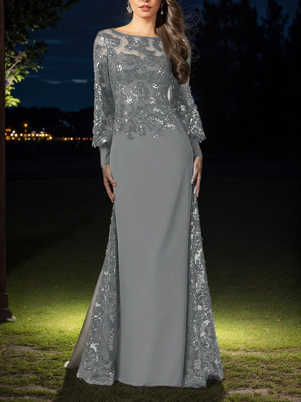 Sheath Bateau Long Sleeves Sequin Floor-Length Chiffon Mother of the Bride Dress