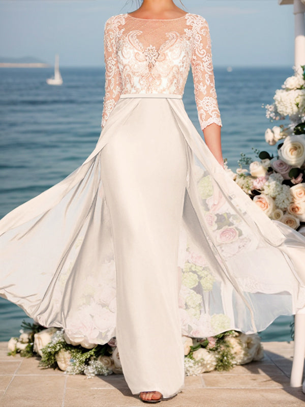 Sheath Bateau 3/4 Sleeves Applique Floor-Length Chiffon Mother of the Bride Dress