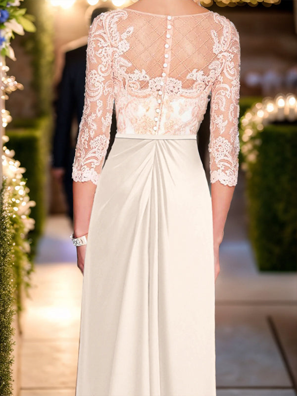 Sheath Bateau 3/4 Sleeves Applique Floor-Length Chiffon Mother of the Bride Dress
