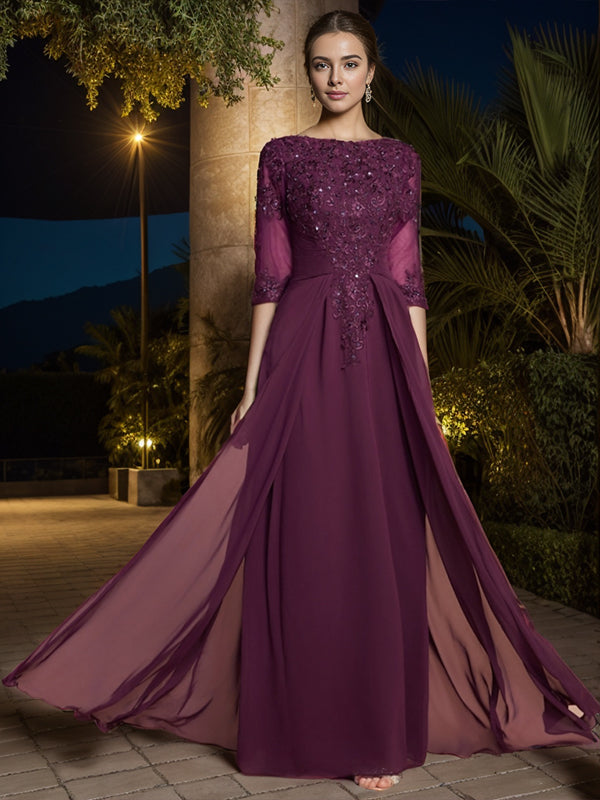 A-line Bateau 1/2 Sleeves Ruffles Floor-Length Chiffon Mother of the Bride Dress