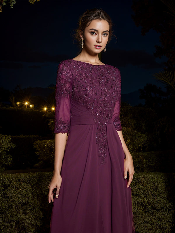 A-line Bateau 1/2 Sleeves Ruffles Floor-Length Chiffon Mother of the Bride Dress