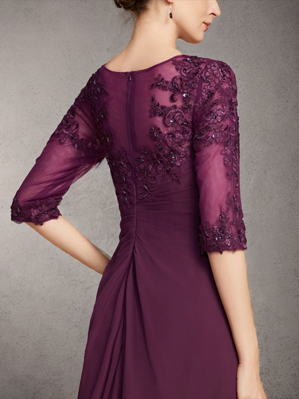 A-line Bateau 1/2 Sleeves Ruffles Floor-Length Chiffon Mother of the Bride Dress
