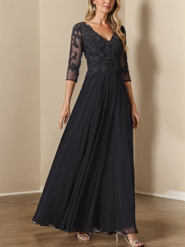 A-line V-neck 3/4 Sleeves Ruffles Floor-Length Chiffon Mother of the Bride Dress