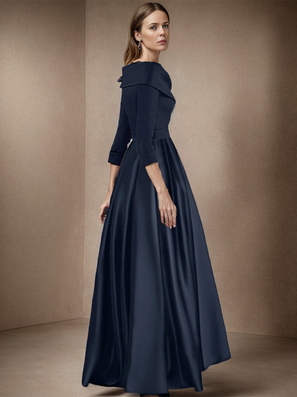 A-line V-neck 3/4 Sleeves Pleated Asymmetrical Satin Mother of the Bride Dress