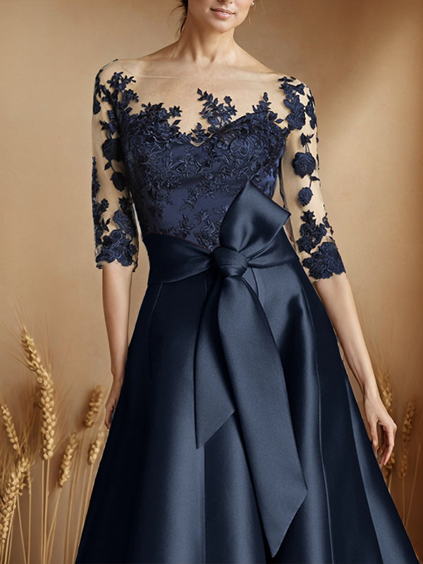 A-line Illusion 3/4 Sleeves Bow Tea-Length Satin Mother of the Bride Dress