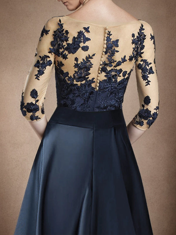 A-line Illusion 3/4 Sleeves Bow Tea-Length Satin Mother of the Bride Dress