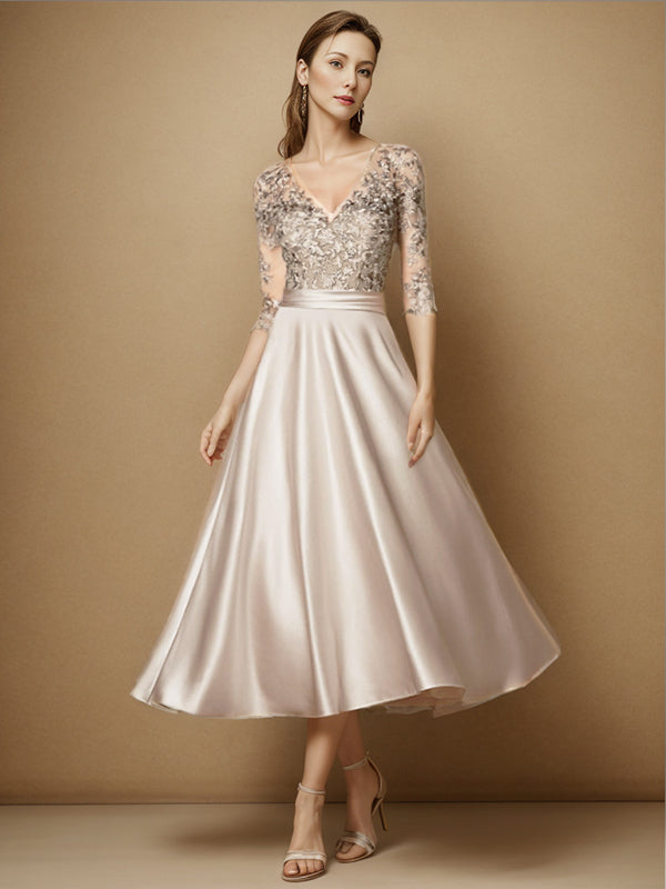 A-line V-neck 3/4 Sleeves Applique Tea-Length Satin Mother of the Bride Dress