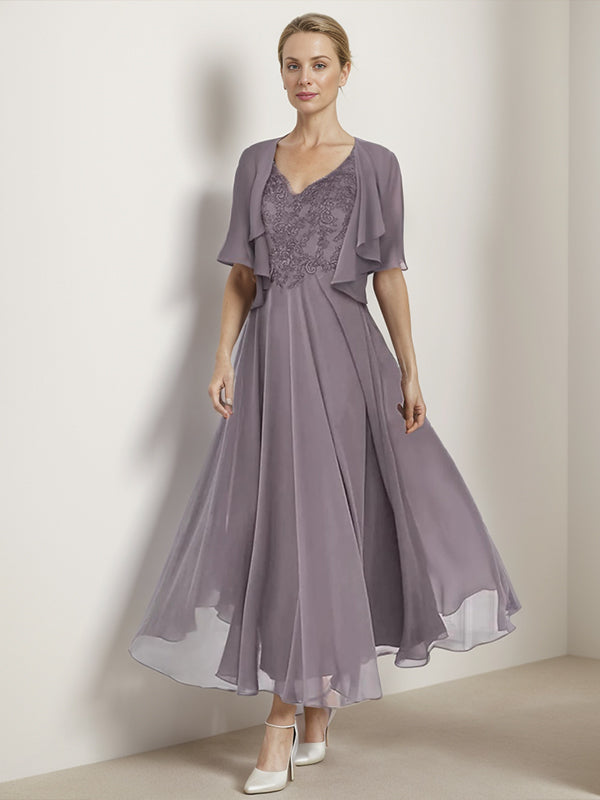 A-line V-neck Short Sleeves Ruffles Ankle-Length Chiffon Mother of the Bride Dress