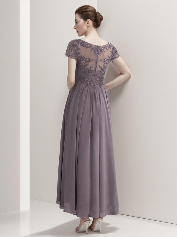 A-line V-neck Short Sleeves Ruffles Ankle-Length Chiffon Mother of the Bride Dress