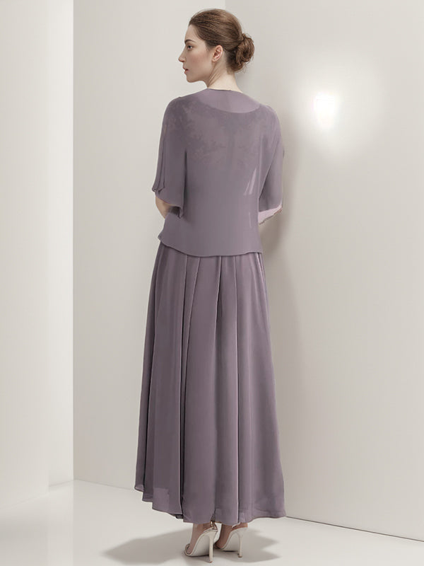 A-line V-neck Short Sleeves Ruffles Ankle-Length Chiffon Mother of the Bride Dress