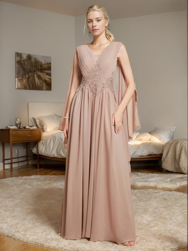 A-line V-neck Applique Floor-Length Chiffon Mother of the Bride Dress
