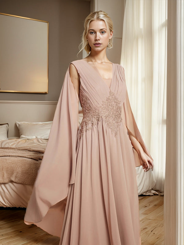 A-line V-neck Applique Floor-Length Chiffon Mother of the Bride Dress