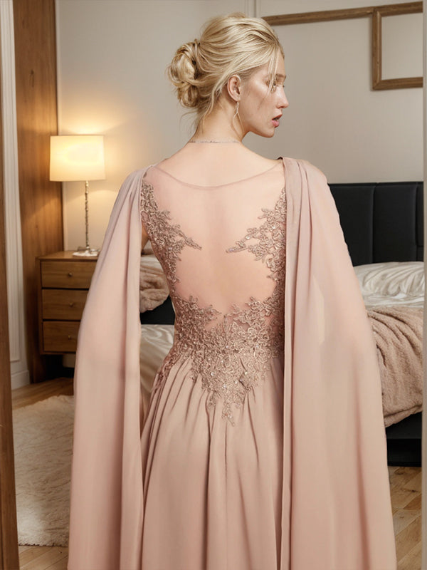 A-line V-neck Applique Floor-Length Chiffon Mother of the Bride Dress