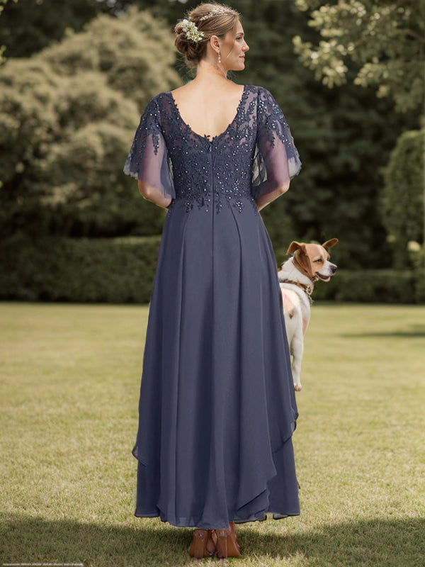 A-line V-neck Short Sleeves Ruffles Ankle-Length Chiffon Mother of the Bride Dress