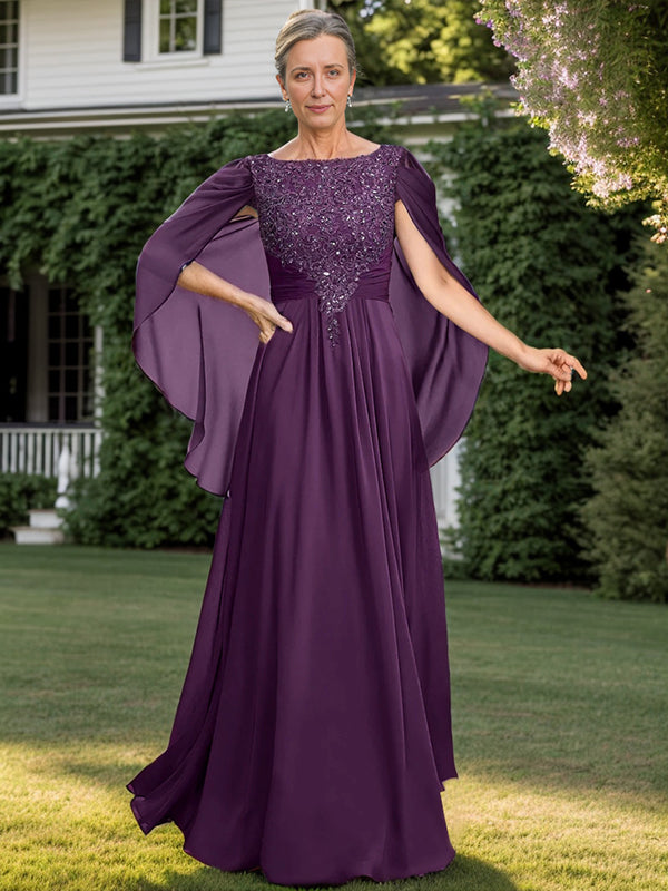 A-line Bateau Applique Floor-Length Chiffon Mother of the Bride Dress