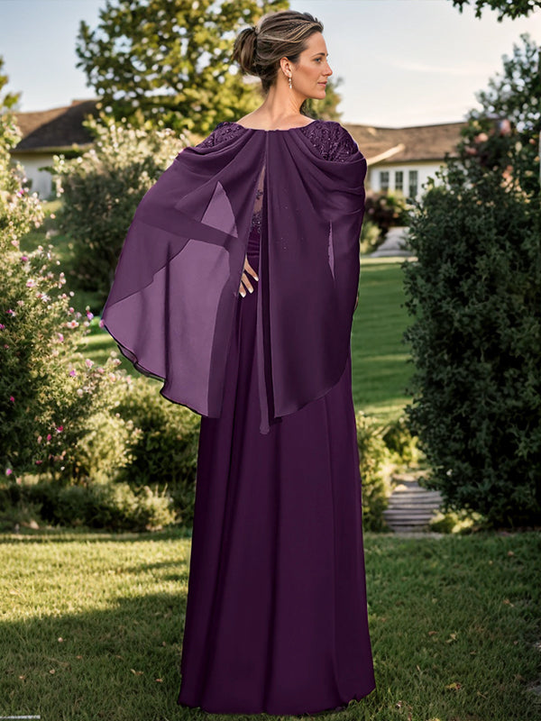 A-line Bateau Applique Floor-Length Chiffon Mother of the Bride Dress